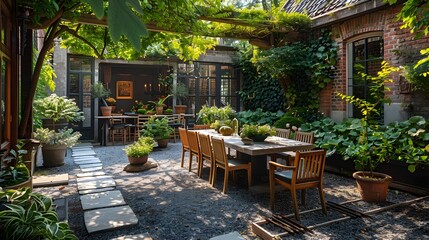 A serene backyard garden setting with stylish outdoor furniture and lush plants creating an inviting space for relaxation or entertaining 