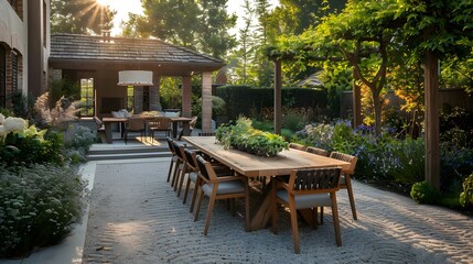 Obraz premium Elegant outdoor dining area in a lush garden during the golden hour, evoking serenity and luxury.