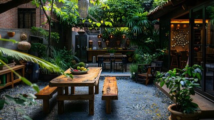 A serene garden patio with wooden furniture and lush greenery creating a tranquil outdoor space. 