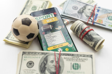 tablet pc with app for sport bets, on top of stacks of banknotes, white background, concept of online bets 3d render