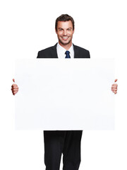 Portrait, businessman and marketing poster with mockup for advert, presentation and announcement in studio. Lawyer guy, paper space and promotion for logo, service info and news by white background