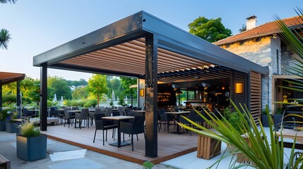 Obraz premium Contemporary outdoor dining area with slatted wood roofing