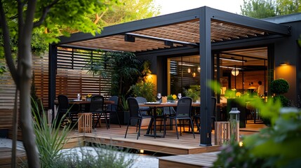 Fototapeta premium Contemporary outdoor dining area with slatted wood roofing