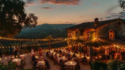 Elegant wedding dinner setup in a rustic Tuscan vineyard at dusk with beautifully dressed tables under a string of lights. 