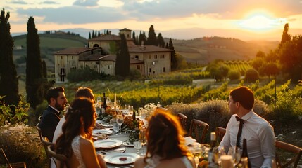 Elegant wedding dinner setup in a rustic Tuscan vineyard at dusk with beautifully dressed tables under a string of lights. 