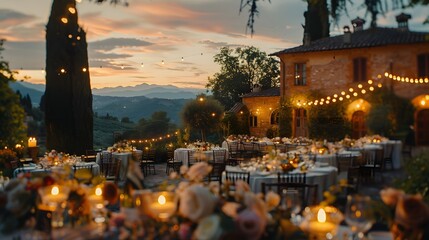 Elegant wedding dinner setup in a rustic Tuscan vineyard at dusk with beautifully dressed tables under a string of lights. 