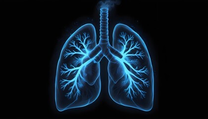 X-ray image of human lungs and respiratory system against a dark background