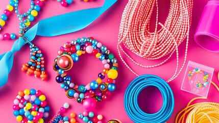 Handmade jewelry kit for kids colorful beads ribbon and bracelets on bright pink background