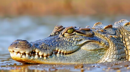 Obraz premium Head of the nile crocodile in profile close upcrocodile is an ancient predatory reptile lying on the shore against the background of the water surface