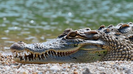 Obraz premium Head of the nile crocodile in profile close upcrocodile is an ancient predatory reptile lying on the shore against the background of the water surface