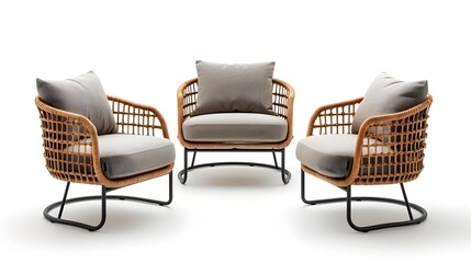 Fototapeta premium Modern minimal garden furniture with a black metal frame and plant decor on a wooden deck in an outdoor setting.