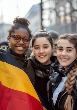 Three multiethnic students with the flag of Germany in their hands, smile and pose for the camera on the street. They hold the German national flag while standing together outdoors.
