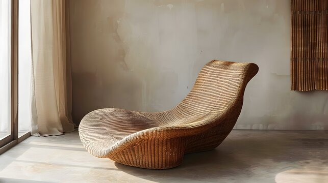 A stylish minimalist rattan lounge chair with unique design stands in the middle of a spacious room with white walls and simple decor ending in a 