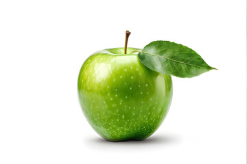 Fresh green apple with green leaf isolated on white background. Clipping path.