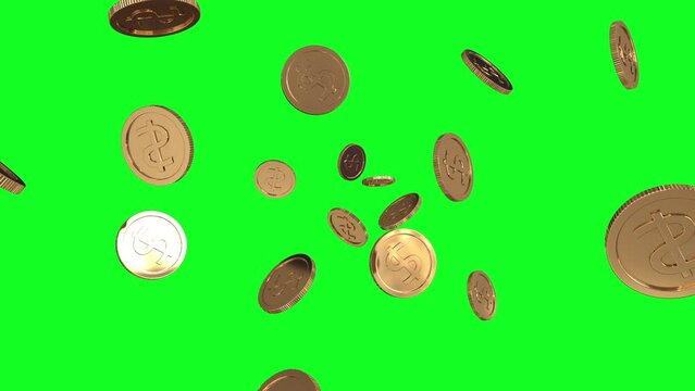Gold coins burst explode on green screen background