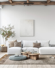 Modern living room interiors in soft tones, with minimal furniture and natural lighting. Residential interiors composition in a home decor concept image.