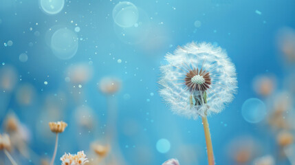 Obraz premium A single dandelion bloom stands out against a soft blue sky with bokeh