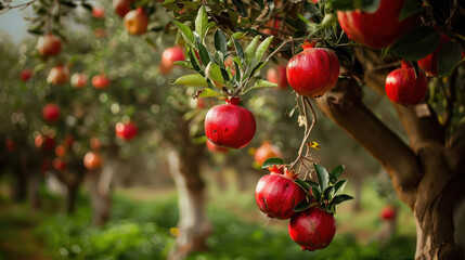 Obraz premium Close-up view of red pomegranates hanging from a tree branch in a sunny orchard