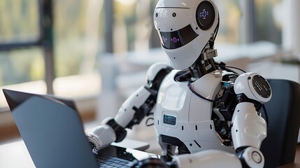 Humanoid robot programming on a laptop artificial intelligence replaces human employees concept