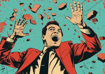 Retro Comic-style Panic Illustration of Man in Red Suit