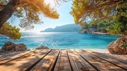 Ideal beach setup for product display, with a wooden table against a picturesque sea background