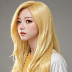 Naklejka premium A Korean girl with yellow long hair in K-pop style.