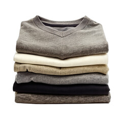 A stack of folded v-neck sweaters in various shades of gray, brown, and black against a white...