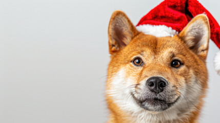 Obraz premium Close-up portrait of a Shiba Inu dog wearing a red Santa hat, looking at the camera with a happy expression