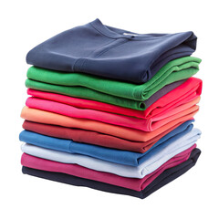 A stack of folded clothes in a variety of colors sits neatly on a white background. Generative AI
