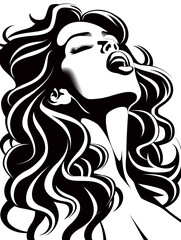 A woman with long hair is shown with her mouth open. The image is black and white and has a bold, dramatic feel to it