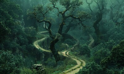 A winding path through a dense, enchanted forest with ancient trees and scattered ruins