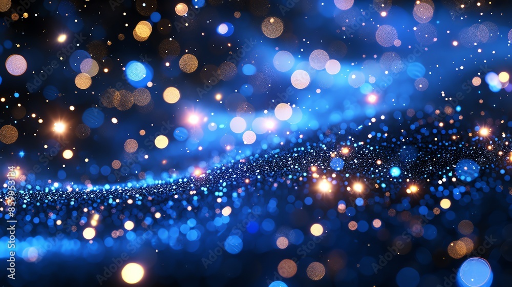 Poster Abstract blue and gold bokeh background with sparkling lights.