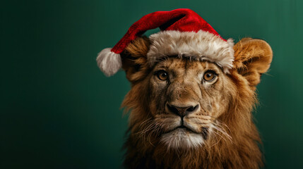 A lion wearing a Santa hat looks directly at the camera