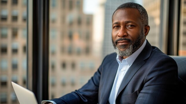 A man in a suit is sitting at a desk with a laptop in front of him - Powered by Adobe