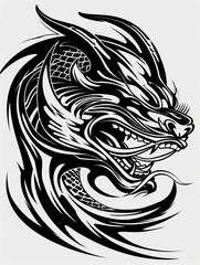 Obraz premium A dragon tattoo on a person's head. The tattoo is black and white and has a fierce look to it