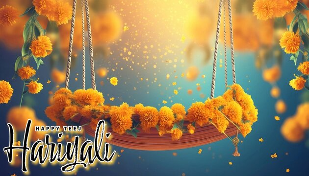 Happy Hariyali Teej Festival Poster Design with A festive beautifully adorned marigold decorated swing (jhula) and diya lamps with intricate floral decorations