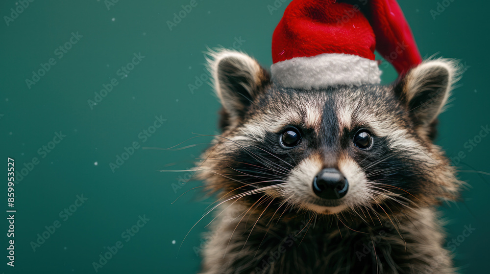 Wall mural a close-up portrait of a raccoon wearing a red santa hat against a green background. the raccoons ey