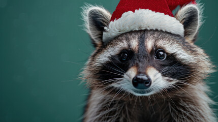 Obraz premium A close-up portrait of a raccoon wearing a Santa hat, looking directly at the camera
