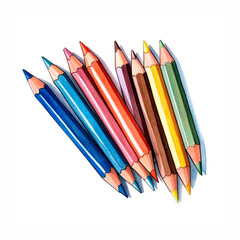 Fototapeta premium Collection of colored pencils on white on transparent background. Watercolor illustrations Back to School. Writing accessories for posters, posters, cards, holiday decor