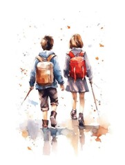 Fototapeta premium Elementary school students, with bright backpacks on their backs, run to school. The beginning of the school year. Watercolor illustration.