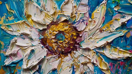 A painting of a large white flower with blue background.