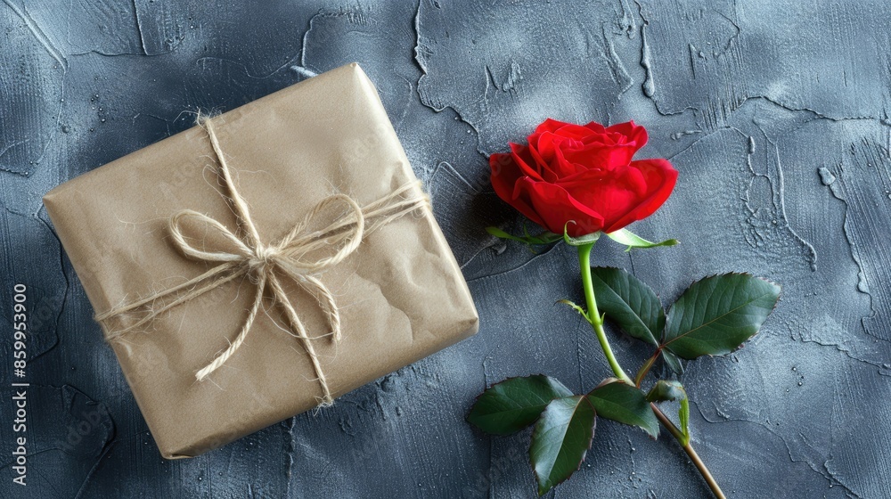 Canvas Prints top view of eco friendly gift and red rose on gray textured background