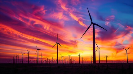 Obraz premium Embracing Renewable Energy: Silhouetted Wind Farm at Sunset Inspiring Sustainable Future