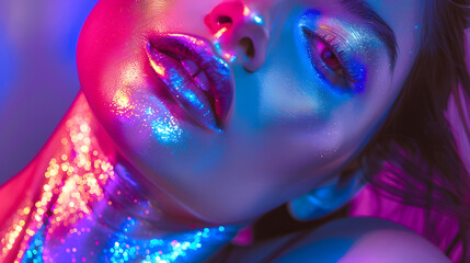 High Fashion model metallic silver lips and face woman in colorful bright neon uv blue and purple lights posing in studio beautiful girl glowing makeup colorful make up Glitter Vivid n : Generative AI