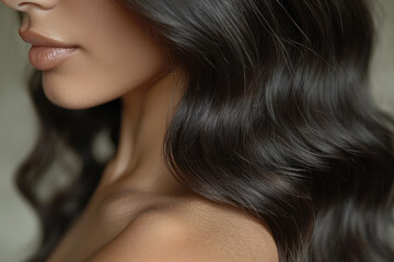 Naklejka premium A close-up image featuring a womans face and shoulder with long, wavy dark hair