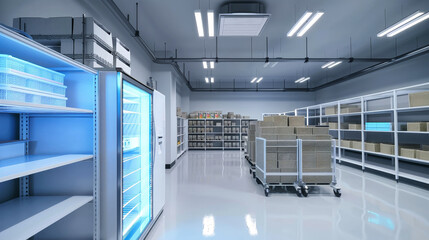 Obraz premium A spacious, well-lit industrial refrigerated room designed for food storage. Rows of metal shelving line the walls, with a large walk-in freezer situated on the left side of the room