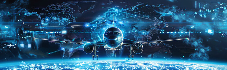 A futuristic airplane flies over a digital representation of the Earth, showcasing the interconnectedness of our world through technology