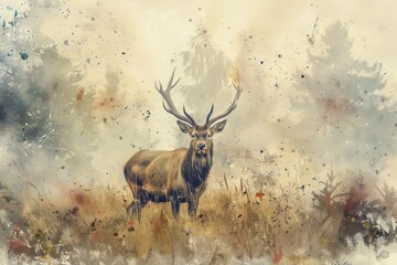 Obraz premium Red deer, full body standing in the misty Scottish highlands, watercolor style.