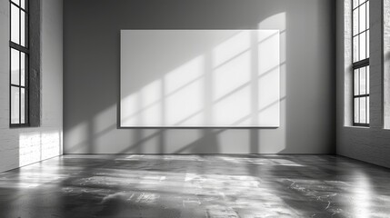 Large blank canvas in sunlit minimalist art studio with concrete floor - afternoon