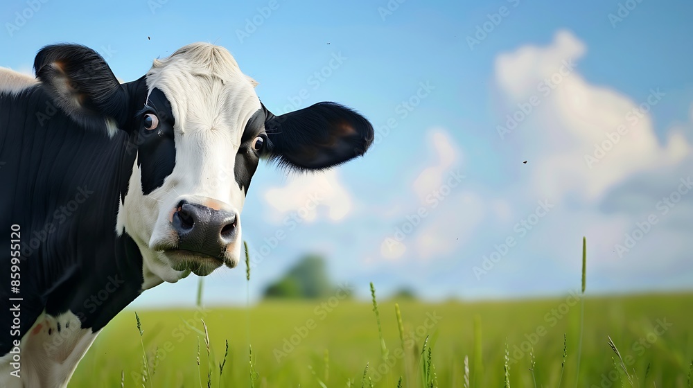 Wall mural Mature cow black and white curious gentle surprised look in a green pasture blue sky - Wall murals